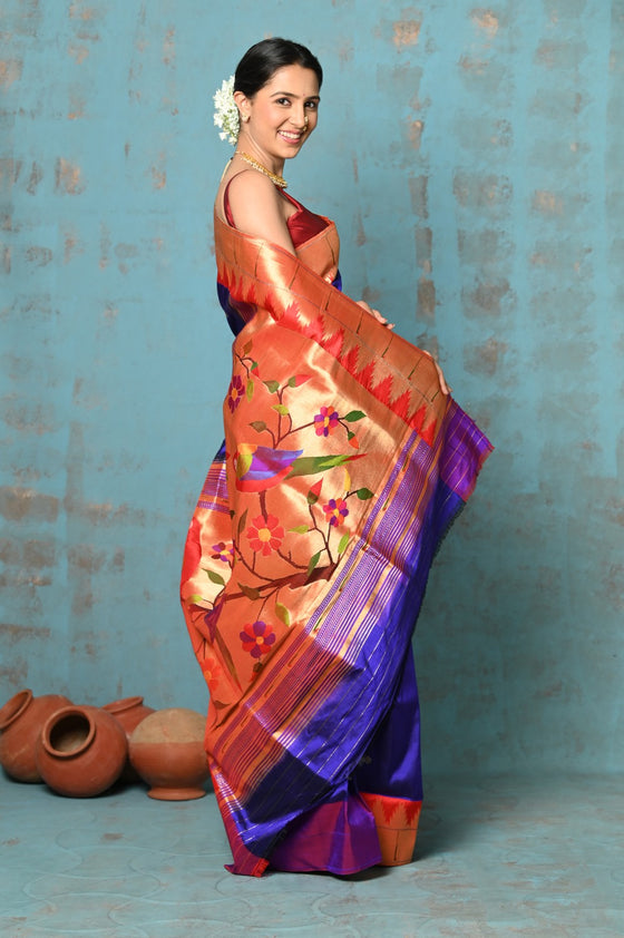 Tyohaar ~ Signature Weave! Handloom Pure Silk Paithani Saree with Exclusive Temple Border ~ Lavender