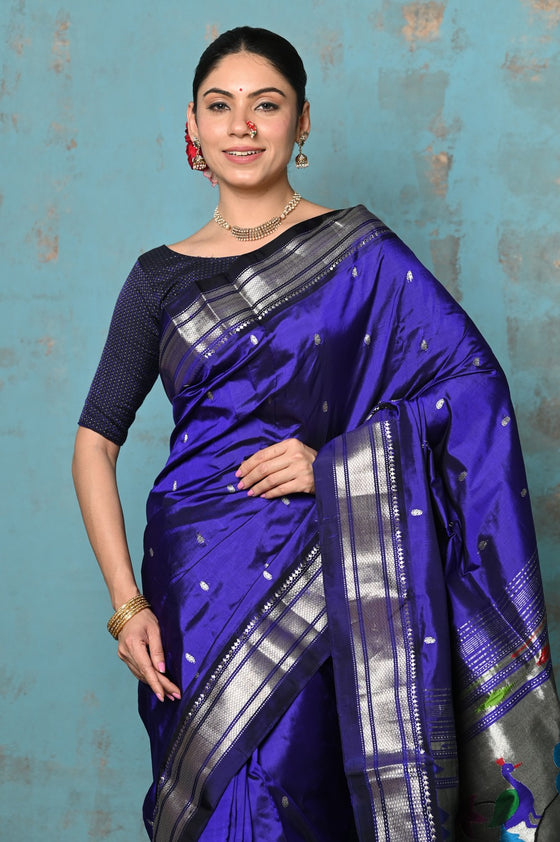 Tyohaar ~ Handloom Pure Silk Paithani Saree with Traditional Peacock Pallu ~ Royal Blue (By Government Certified Weavers)