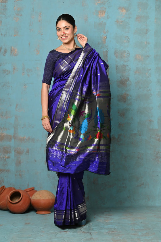 Tyohaar ~ Handloom Pure Silk Paithani Saree with Traditional Peacock Pallu ~ Royal Blue (By Government Certified Weavers)