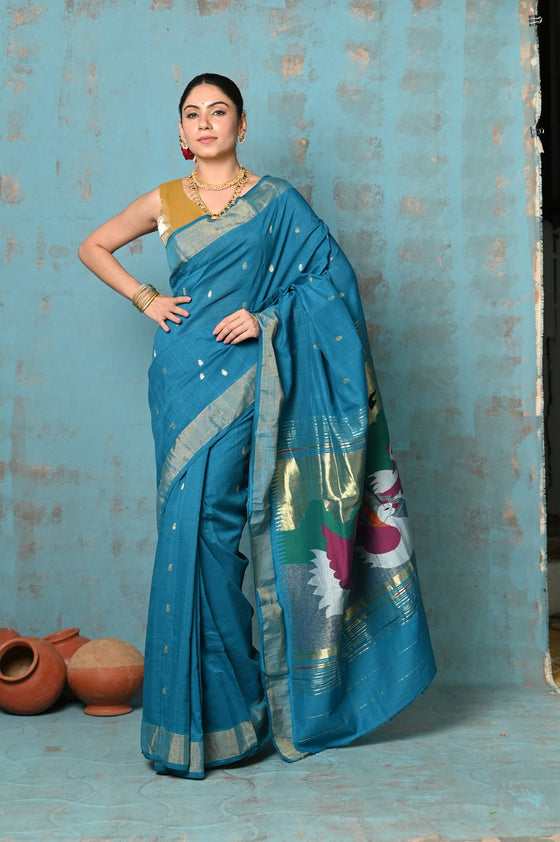 Tyohaar ~ Handloom Pure Cotton Paithani With Swan Pallu ~ Carolina Blue