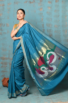  Tyohaar ~ Handloom Pure Cotton Paithani With Swan Pallu ~ Carolina Blue