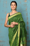 Tyohaar ~ Handloom Pure Cotton Paithani With Lotus Pallu ~ Leaf Green