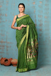 Tyohaar ~ Handloom Pure Cotton Paithani With Lotus Pallu ~ Leaf Green