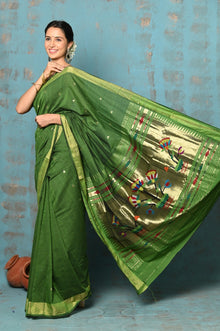  Tyohaar ~ Handloom Pure Cotton Paithani With Lotus Pallu ~ Leaf Green