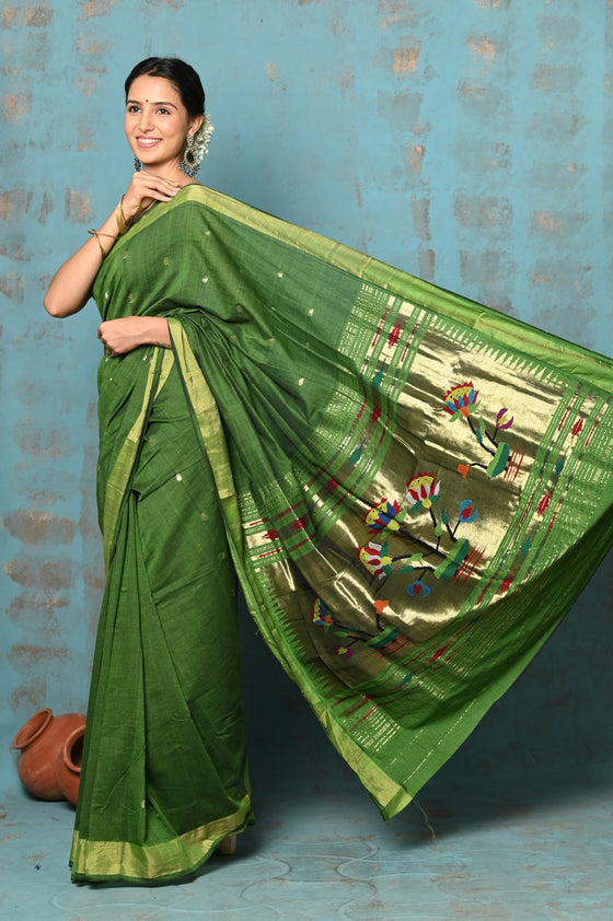 Tyohaar ~ Handloom Pure Cotton Paithani With Lotus Pallu ~ Leaf Green