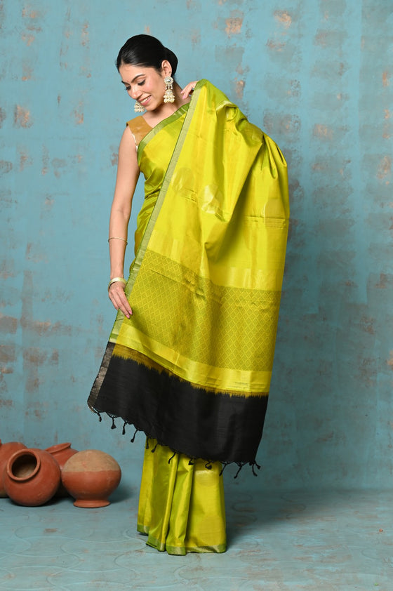 Anokhi ~ Handloom Pure Soft Silk Saree with Designer Pallu ~ Electric Yellow