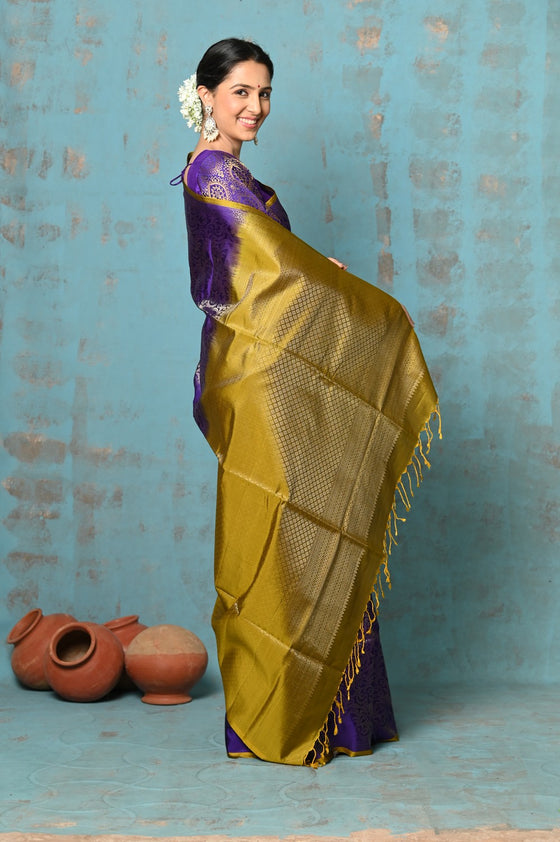 Anokhi ~ Handloom Pure Soft Silk Saree with Designer Pallu ~ Violet Yellow