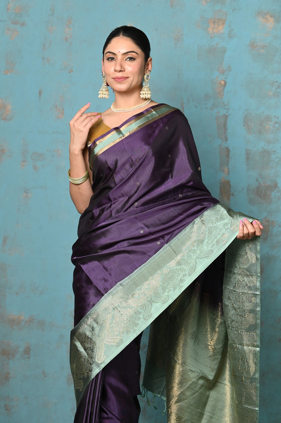 Anokhi ~ Handloom Pure Soft Silk Saree with Designer Pallu ~ Purple Silver