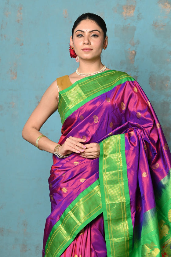 Tyohaar ~ Exclusive Handloom Pure Silk Paithani With Contrast Pallu ~ Magenta Pink & Lime Green