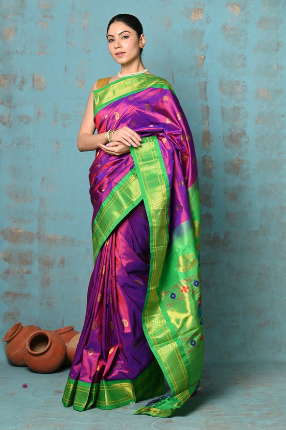 Tyohaar ~ Exclusive Handloom Pure Silk Paithani With Contrast Pallu ~ Magenta Pink & Lime Green