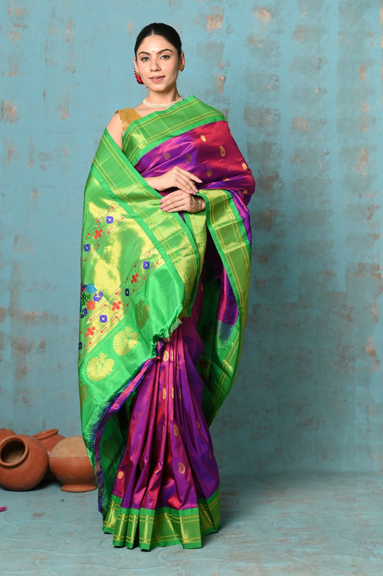 Tyohaar ~ Exclusive Handloom Pure Silk Paithani With Contrast Pallu ~ Magenta Pink & Lime Green