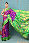 Tyohaar ~ Exclusive Handloom Pure Silk Paithani With Contrast Pallu ~ Magenta Pink & Lime Green