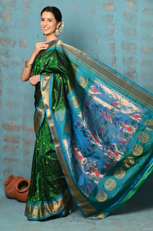  Tyohaar ~ Exclusive Handloom Pure Silk Paithani With Contrast Pallu ~ Royal Green