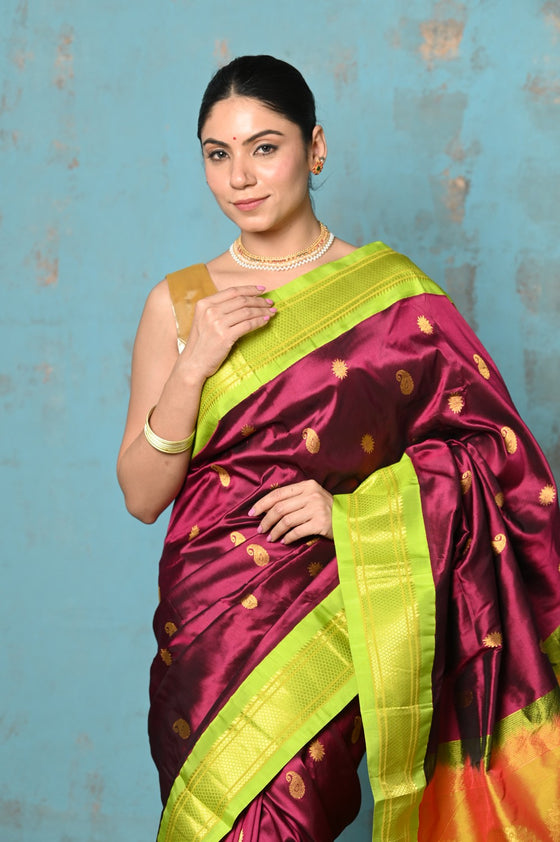 Tyohaar ~ Exclusive Handloom Pure Silk Paithani With Contrast Pallu ~ Most Traditional Maroon