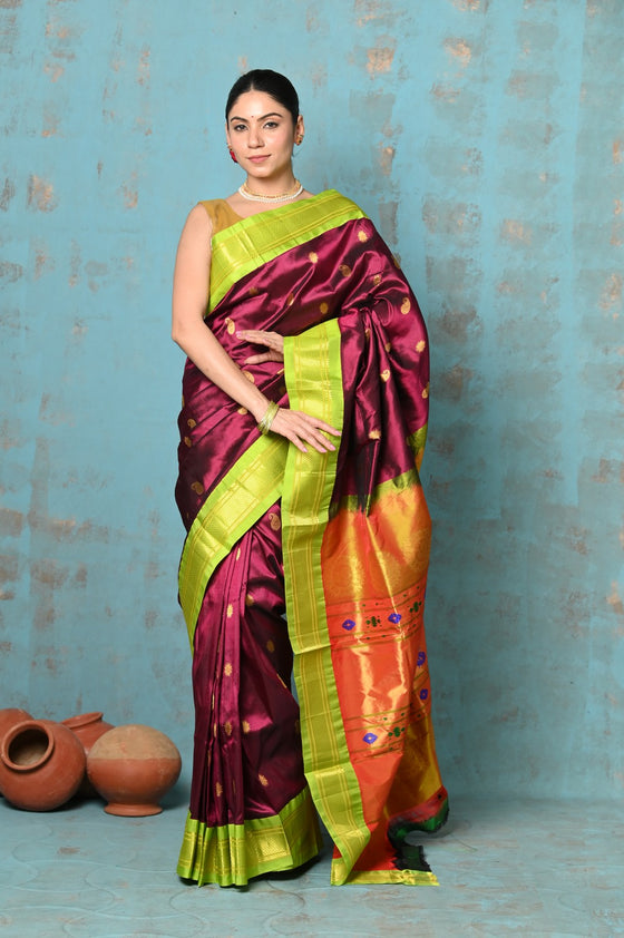 Tyohaar ~ Exclusive Handloom Pure Silk Paithani With Contrast Pallu ~ Most Traditional Maroon