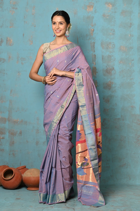 Tyohaar ~ Handloom Pure Cotton Paithani With Parrot Peacock Pallu~ Dual Tone Sky Blue & Purple