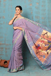 Tyohaar ~ Handloom Pure Cotton Paithani With Parrot Peacock Pallu~ Dual Tone Sky Blue & Purple