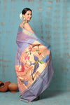 Tyohaar ~ Handloom Pure Cotton Paithani With Parrot Peacock Pallu~ Dual Tone Sky Blue & Purple