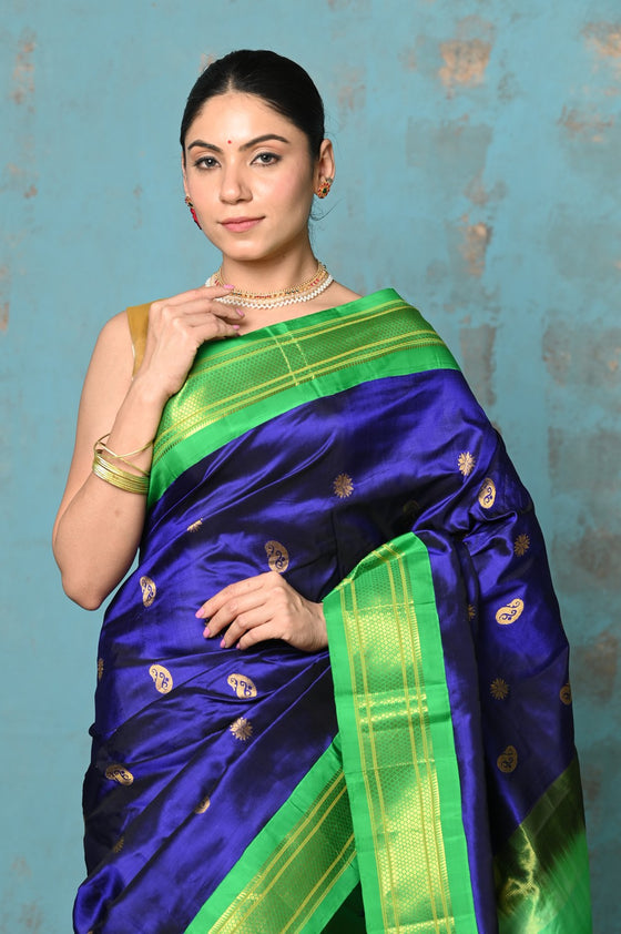 Tyohaar ~ Exclusive Handloom Pure Silk Paithani With Contrast Pallu ~ Royal Blue with Green