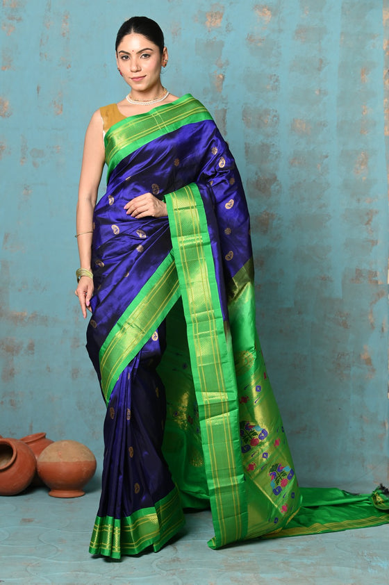 Tyohaar ~ Exclusive Handloom Pure Silk Paithani With Contrast Pallu ~ Royal Blue with Green