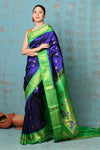 Tyohaar ~ Exclusive Handloom Pure Silk Paithani With Contrast Pallu ~ Royal Blue with Green