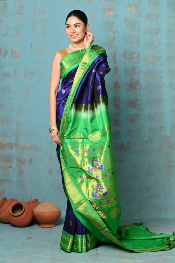 Tyohaar ~ Exclusive Handloom Pure Silk Paithani With Contrast Pallu ~ Royal Blue with Green