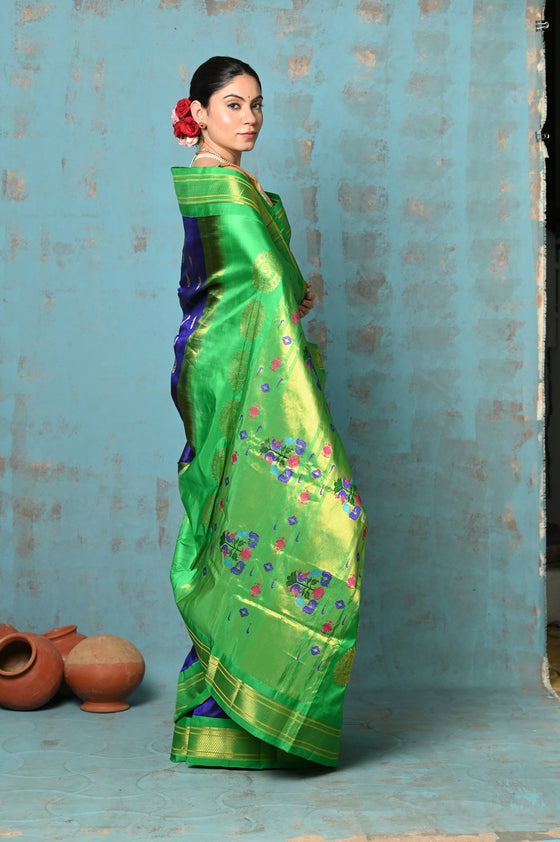 Tyohaar ~ Exclusive Handloom Pure Silk Paithani With Contrast Pallu ~ Royal Blue with Green