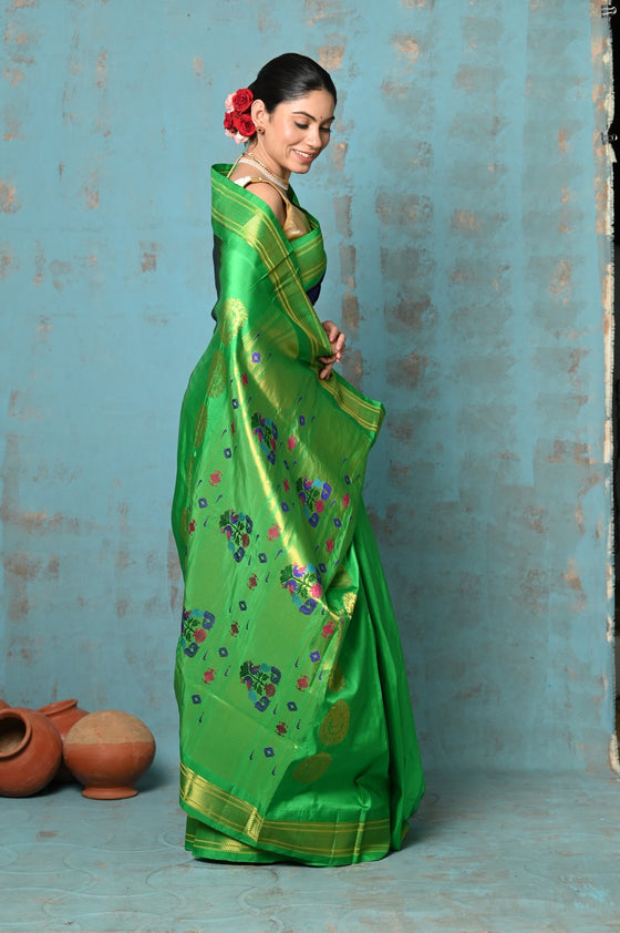 Tyohaar ~ Exclusive Handloom Pure Silk Paithani With Contrast Pallu ~ Royal Blue with Green