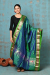 Tyohaar ~ Handloom Pure Silk Paithani Dupatta With Beautiful Handweave and Tassels ~ Dual Tone Green Blue