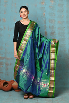  Tyohaar ~ Handloom Pure Silk Paithani Dupatta With Beautiful Handweave and Tassels ~ Dual Tone Green Blue