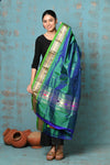 Tyohaar ~ Handloom Pure Silk Paithani Dupatta With Beautiful Handweave and Tassels ~ Dual Tone Green Blue