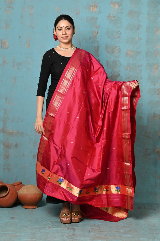 Tyohaar ~ Handloom Pure Silk Paithani Dupatta With Beautiful Handweave and Tassels ~ Red