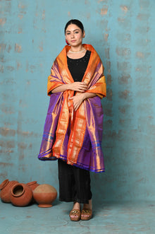  Tyohaar ~ Handloom Pure Silk Paithani Dupatta With Beautiful Handweave and Tassels ~ Dual Tone Orange Purple