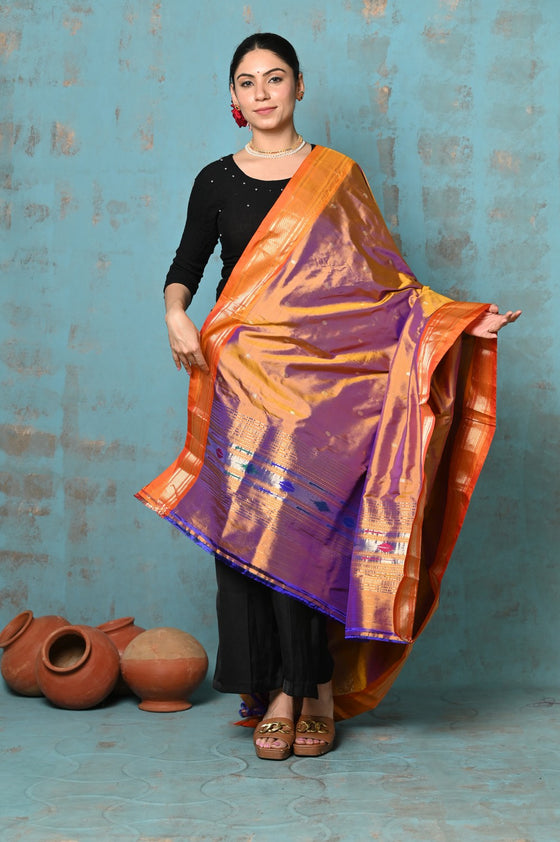 Tyohaar ~ Handloom Pure Silk Paithani Dupatta With Beautiful Handweave and Tassels ~ Dual Tone Orange Purple