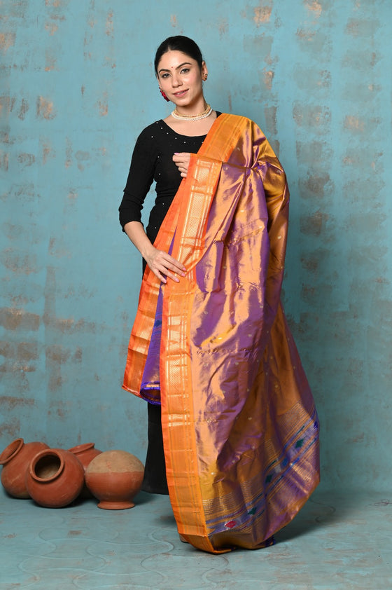 Tyohaar ~ Handloom Pure Silk Paithani Dupatta With Beautiful Handweave and Tassels ~ Dual Tone Orange Purple