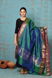  Tyohaar ~ Handloom Pure Silk Paithani Dupatta With Beautiful Handweave and Tassels ~ Dual Tone Blue Green