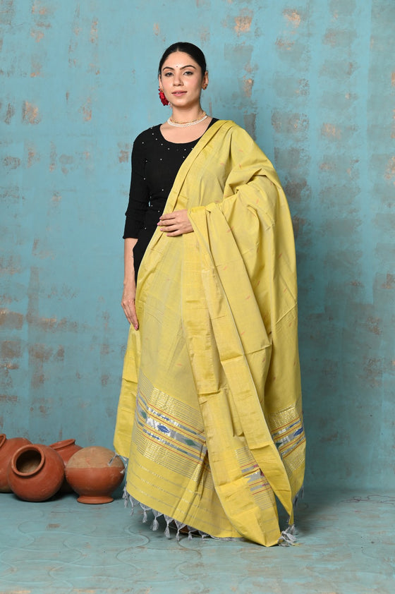 Tyohaar ~ Handloom Pure Cotton Paithani Dupatta With Beautiful Handweave and Tassels ~ Lime Yellow