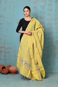  Tyohaar ~ Handloom Pure Cotton Paithani Dupatta With Beautiful Handweave and Tassels ~ Lime Yellow