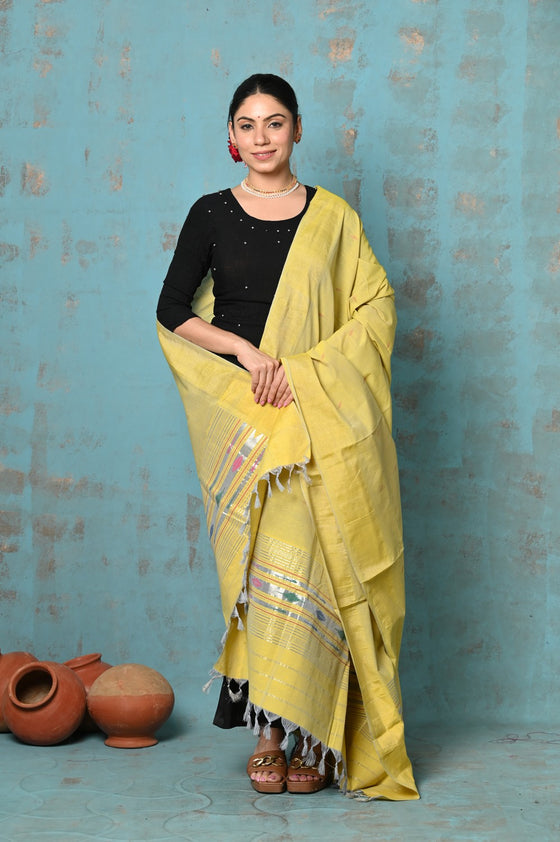 Tyohaar ~ Handloom Pure Cotton Paithani Dupatta With Beautiful Handweave and Tassels ~ Lime Yellow