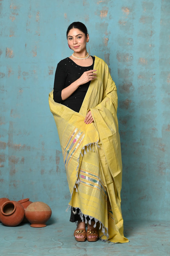 Tyohaar ~ Handloom Pure Cotton Paithani Dupatta With Beautiful Handweave and Tassels ~ Lime Yellow