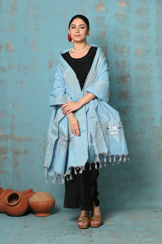 Tyohaar ~ Handloom Pure Cotton Paithani Dupatta With Beautiful Handweave and Tassels ~ Sky Blue