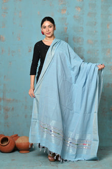  Tyohaar ~ Handloom Pure Cotton Paithani Dupatta With Beautiful Handweave and Tassels ~ Sky Blue