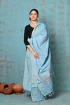 Tyohaar ~ Handloom Pure Cotton Paithani Dupatta With Beautiful Handweave and Tassels ~ Sky Blue