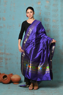  Tyohaar ~ Handloom Pure Silk Paithani Dupatta With Beautiful Handweave and Tassels ~ Royal Blue