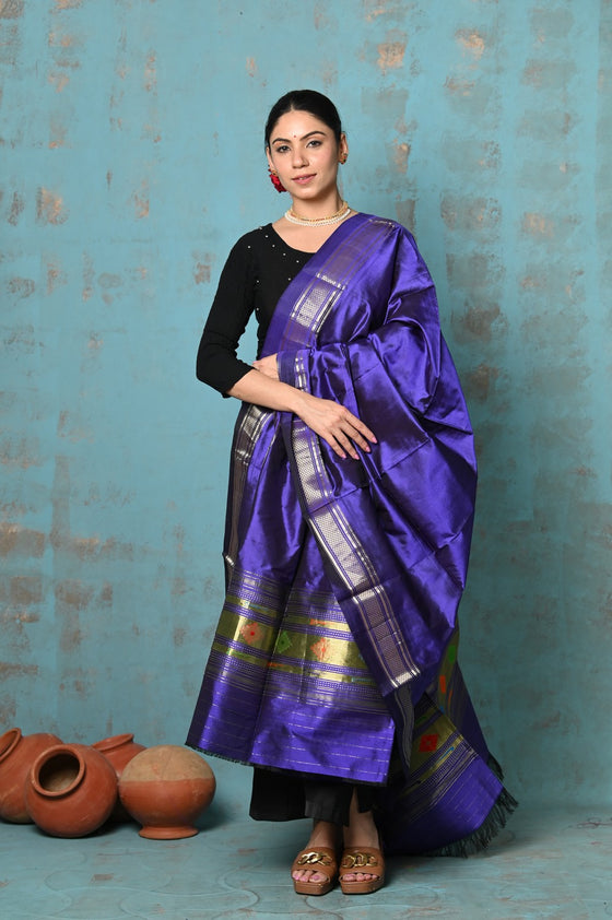 Tyohaar ~ Handloom Pure Silk Paithani Dupatta With Beautiful Handweave and Tassels ~ Royal Blue