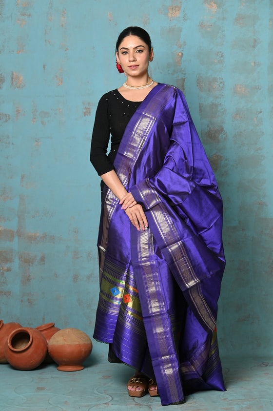 Tyohaar ~ Handloom Pure Silk Paithani Dupatta With Beautiful Handweave and Tassels ~ Royal Blue