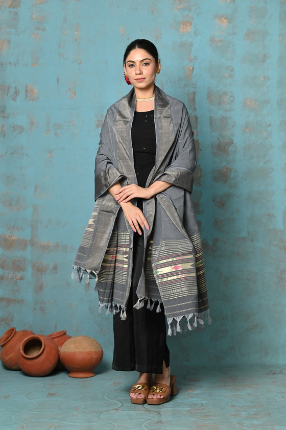 Tyohaar ~ Handloom Pure Cotton Paithani Dupatta With Beautiful Handweave and Tassels ~ Grey