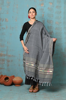  Tyohaar ~ Handloom Pure Cotton Paithani Dupatta With Beautiful Handweave and Tassels ~ Grey