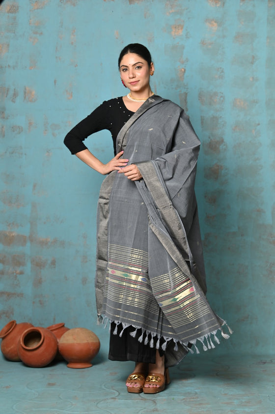 Tyohaar ~ Handloom Pure Cotton Paithani Dupatta With Beautiful Handweave and Tassels ~ Grey