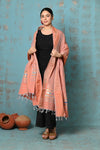 Tyohaar ~ Handloom Pure Cotton Paithani Dupatta With Beautiful Handweave and Tassels ~ Peach